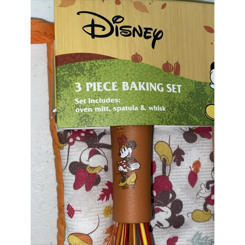 Disney 3 Piece Baking Set Oven Mitt Spatula Whisk Mickey Minnie Mouse Happy Fall
